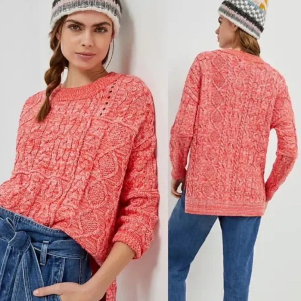 Anthropologie Pilcro Jasmine Cable Knit Oversized Tunic Sweater Orange Pink
